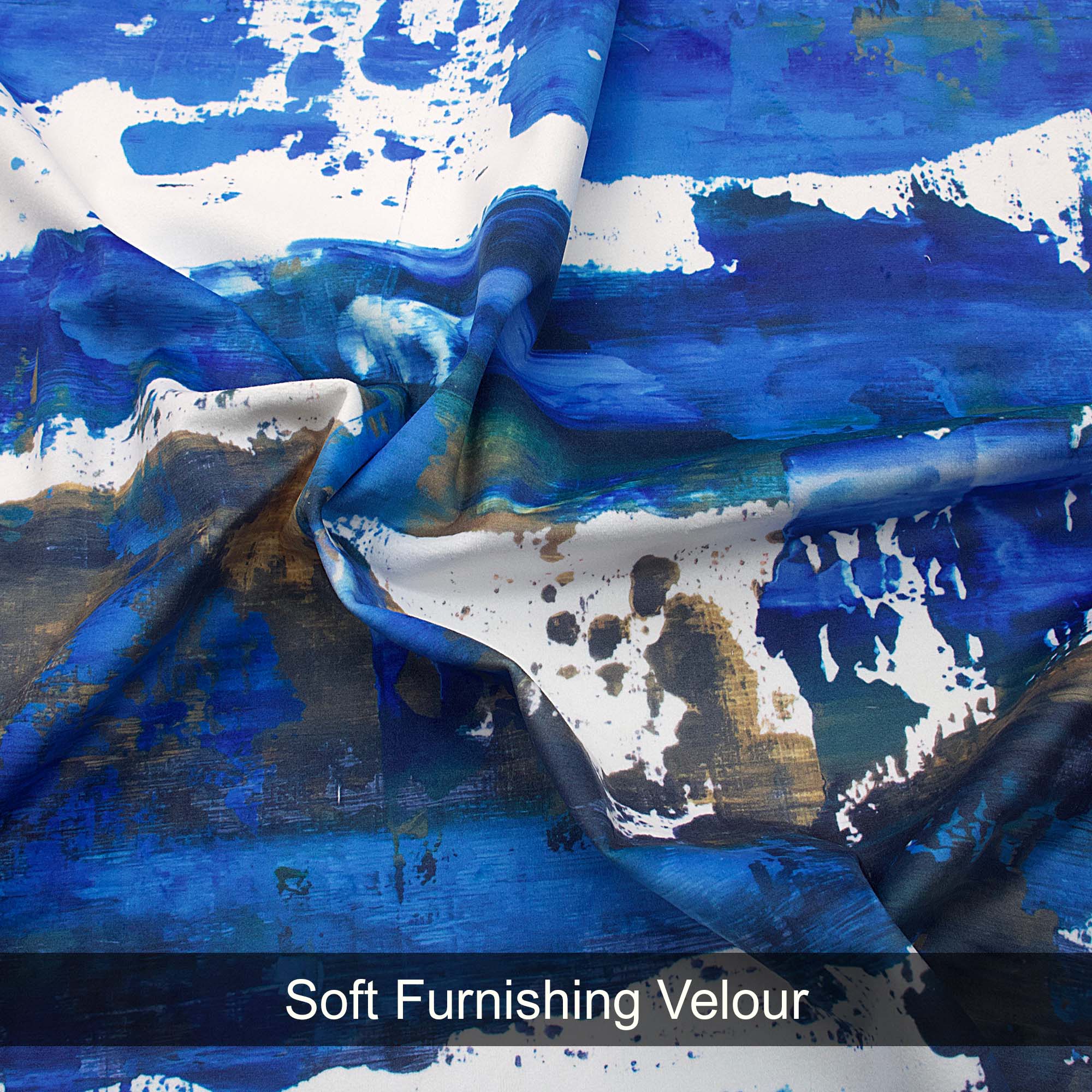 Blue and white abstract patterned fabric with 'Soft Furnishing Velour' text.